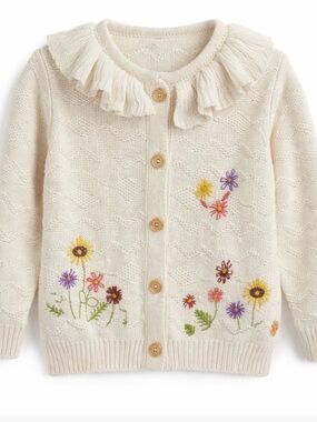 Girls Ivory Knit Cardigan Sweater Ruffle Collar Embroidered Floral NO TAGS READ